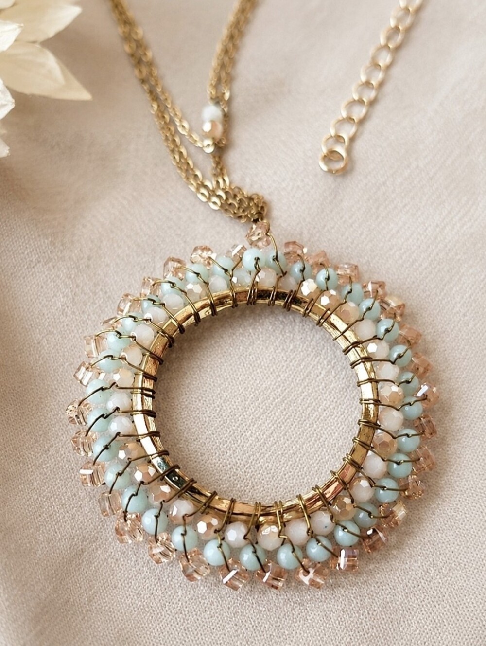 Light Seafoam Green Wire Wrapped Disc Beaded Chain Gold Tone Pendant Necklace